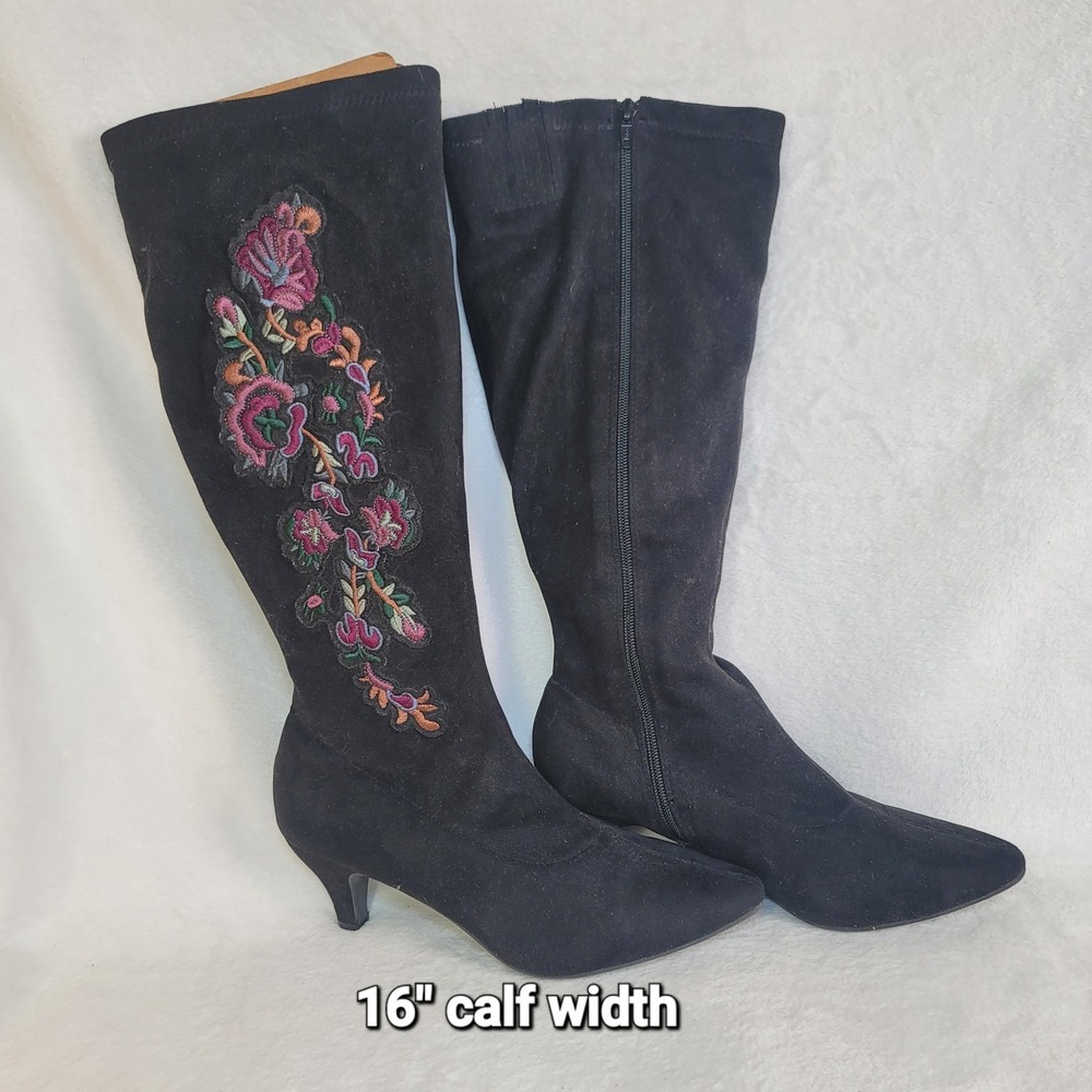 Whimsigoth Cottage Dark Fairy Black Suede Boots Knee High Embroidered Floral 10W